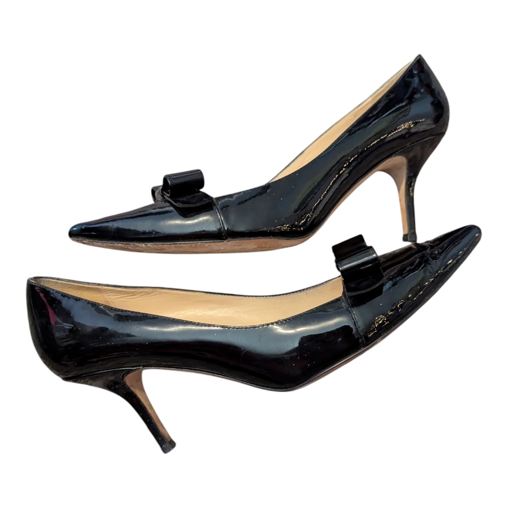 Kate Spade 8.5 Black Patent Leather Kitten Heels With Bow